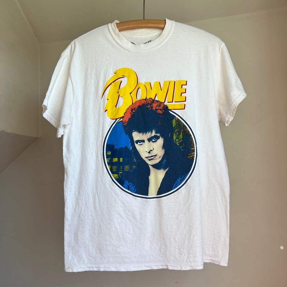 Goodie Two Sleeves David Bowie Graphic T-Shirt Size S/M White Rock Band Tee